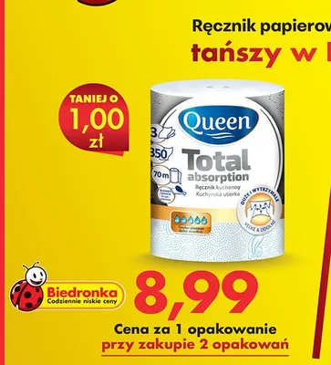 Ręcznik papierowy 3-warstwowy Queen Total absorption promocja w Biedronka