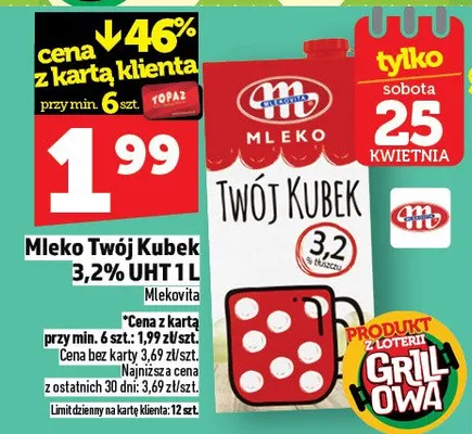 Mleko Twój Kubek 3,2% UHT 1l promocja w TOPAZ