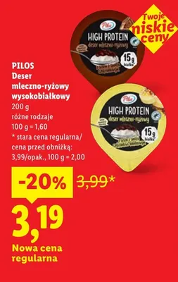 Deser mleczno-ryżowy wysokobiałkowy Pilos High Protein z sosem o smaku czekoladowym promocja w Lidl