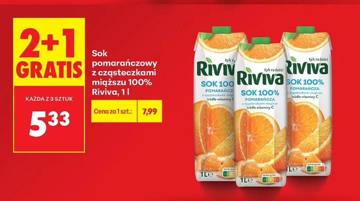 Sok pomarańczowy z cząsteczkami miąższu 100% Riviva promocja w Biedronka