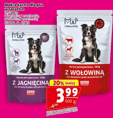 Karma dla psa mokra w saszetce z jagnięciną i marchewką, z wołowiną i marchewką promocja w Prim Market