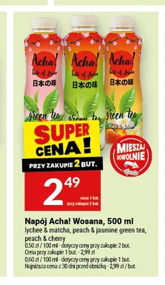 Napój Acha! Wosana Peach & Cherry 500 ml promocja w Twój Market