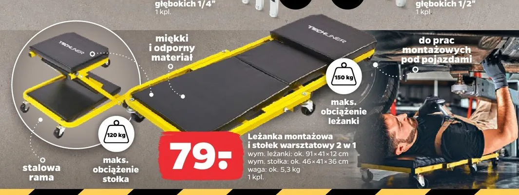 Leżanka montażowa i stołek warsztatowy 2w1 Techliner promocja w Netto