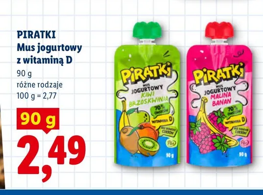 Mus jogurtowy z witaminą D Piratki malina banan promocja w Lidl