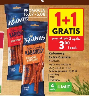 Kabanosy extra cienkie wieprzowe Krakus promocja w Intermarche