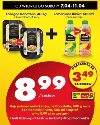 Zestaw: lasagne Donatello + lemoniada Riviva, 500 ml promocja w Biedronka