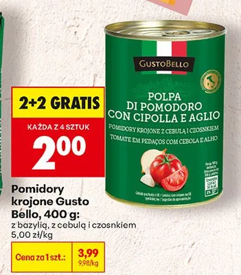 Pomidory krojone z bazylią, z cebulą i czosnkiem 400 g 2+2 GRATIS promocja w Biedronka