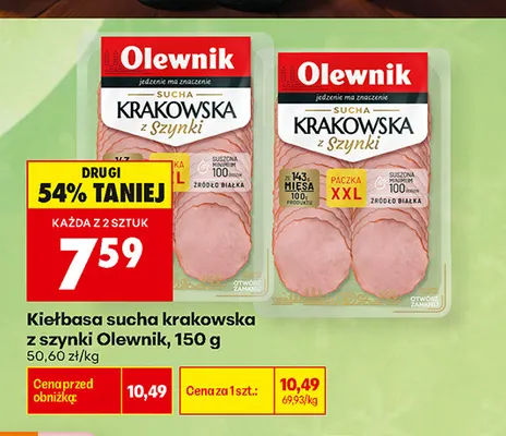 Kiełbasa sucha krakowska z szynki Olewnik promocja w Biedronka