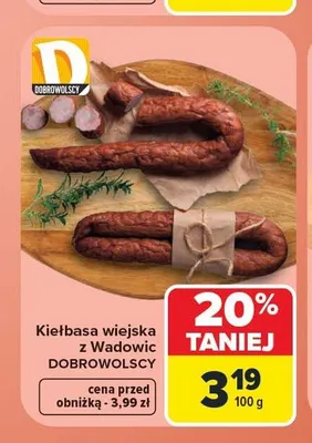 Kiełbasa wiejska z Wadowic Dobrowolscy promocja w Carrefour Market
