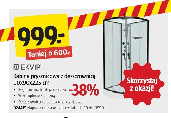 Kabina prysznicowa z deszczownicą 90x90x225 cm EKVIP promocja w Jula