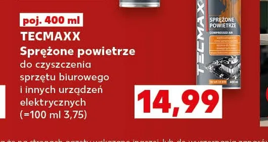 Sprężone powietrze do czyszczenia sprzętu biurowego i innych urządzeń elektrycznych Tecmaxx promocja w Kaufland