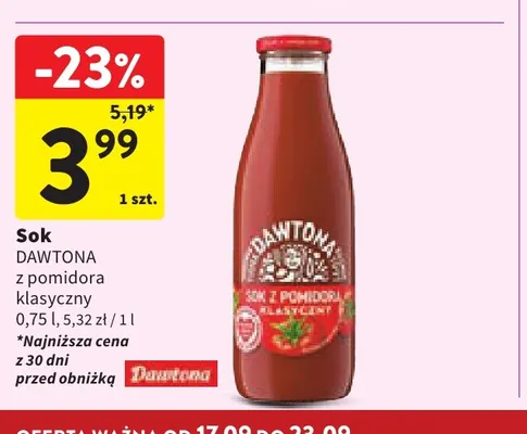Sok z pomidora klasyczny Dawtona promocja w Intermarche
