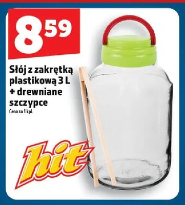 Słój z zakrętką plastikową 3l + drewniane szczypce promocja w TOPAZ