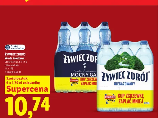 Woda źródlana gazowana Żywiec Zdrój Mocny Gaz 6-pak 1,5 l promocja w Lidl