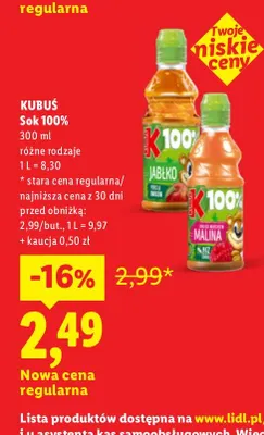 Sok jabłko Kubuś 100% promocja w Lidl