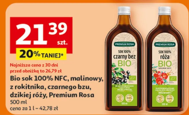 Bio sok 100% NFC, z malinowy, z rokitnika, czarnego bzu, dzikiej róży, Premium Rosa promocja w Auchan