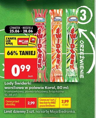 Lody Świderek waniliowe w polewie truskawkowej Koral promocja w Biedronka