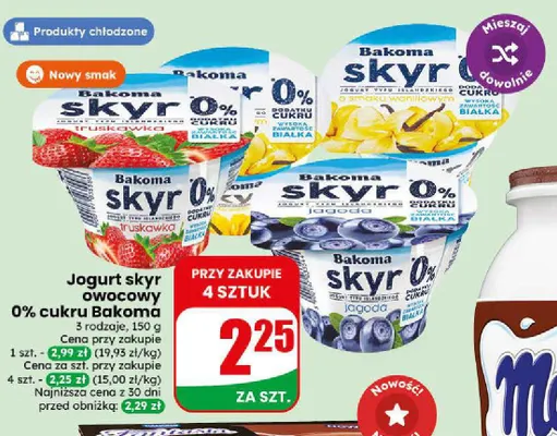 Jogurt skyr owocowy cukru o smaku waniliowym Bakoma 0% promocja w Dino