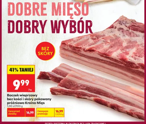 Boczek wieprzowy bez kości i skóry pakowany próżniowo Kraina Mięs promocja w Biedronka