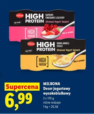 Deser jogurtowy wysokobiałkowy Milbona malina granat jagody goji 2-pak promocja w Lidl
