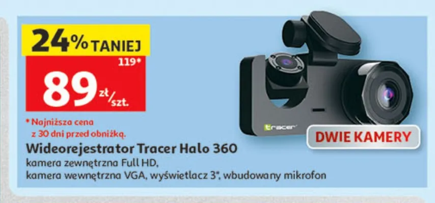 Wideorejestrator Tracer Halo 360 kamera zewnętrzna Full HD kamera wewnętrzna VGA wyświetlacz 3" wbudowany mikrofon promocja w Auchan