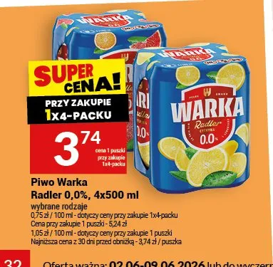 Piwo bezalkoholowe Warka Radler 0,0% 4-pak 500ml promocja w Twój Market
