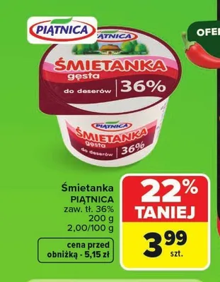 Śmietanka gęsta Piątnica 36% promocja w Carrefour