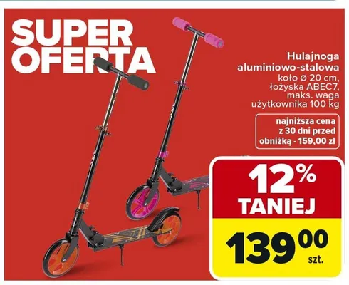 Hulajnoga aluminiowo-stalowa koło Ø 20 cm, rozm. kół: przód 200, tył 180 mm, maks. waga użytkownika 100 kg promocja w Carrefour
