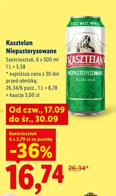 Piwo Kasztelan Niepasteryzowane 6-pak 500 ml promocja w Lidl