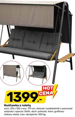 Huśtawka z roletą 215x120x179cm siedzisko i oparcie Olefin dach poliester kolor grafitowy stalowy stelaż max. obciążenie 300kg promocja w Bricomarche
