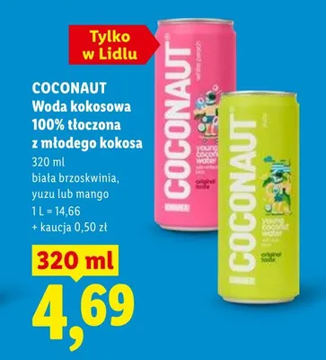 Woda kokosowa 100% tłoczona z młodego kokosa biała brzoskwinia Coconaut promocja w Lidl