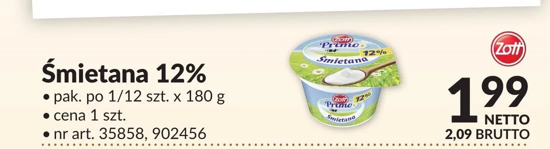Śmietana 12% Zott Primo promocja w Makro