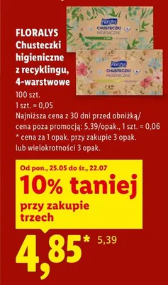 Chusteczki higieniczne z recyklingu 4-warstwowe Floralys promocja w Lidl