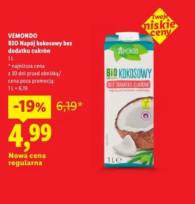 Napój kokosowy bez dodatku cukrów Vemondo promocja w Lidl