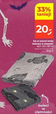 Koc ze wzorem kotów świecący w ciemności 140x180 cm promocja w Dealz