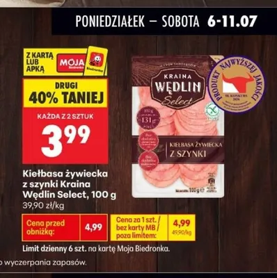 Kiełbasa żywiecka z szynki Kraina Wędlin Select promocja w Biedronka