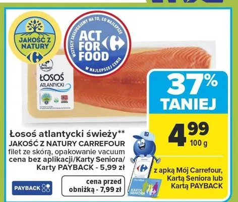 Łosoś atlantycki świeży filet ze skórą, opakowanie vacuum promocja w Carrefour