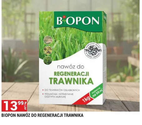 Nawóz do regeneracji trawnika Biopon promocja w Merkury Market