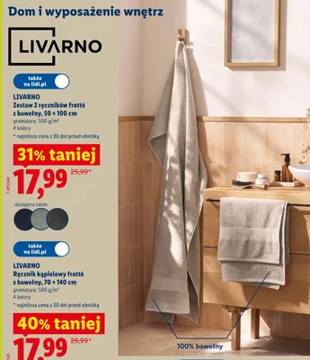 Zestaw 2 ręczników frotté z bawełny Livarno 50x100cm promocja w Lidl