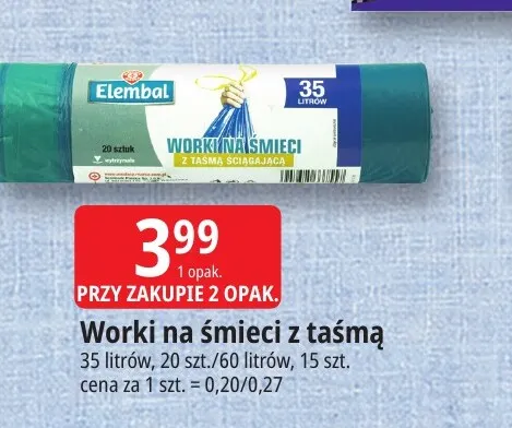 Worki na śmieci z taśmą 60 l Elembal promocja w Leclerc