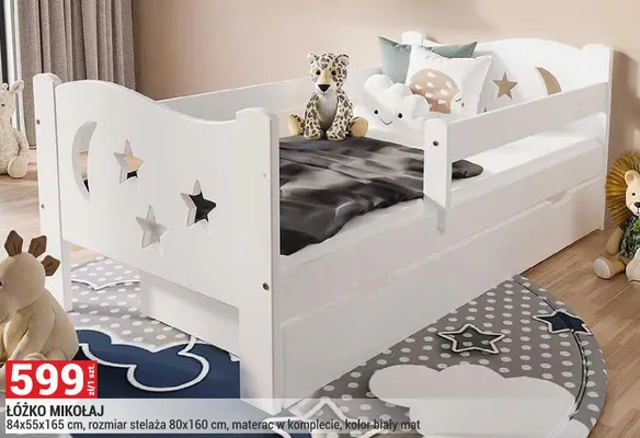 Łóżko Mikołaj 84x55x165cm rozmiar stelaża 80x160cm materac w komplecie kolor biały mat promocja w Merkury Market