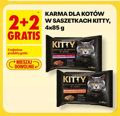 Karma dla kotów w saszetkach kawałki szarpane w sosie z wołowiną i jagnięciną Kitty 4-pak promocja w Biedronka
