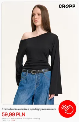Bluzka damska Cropp oversize czarna z opadającym ramieniem promocja w Cropp
