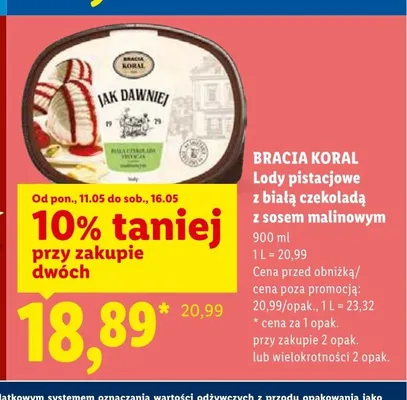 Lody pistacjowe z białą czekoladą z sosem malinowym Bracia Koral promocja w Lidl