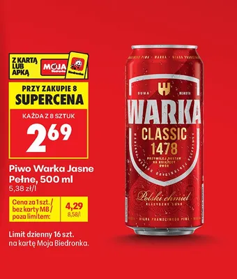 Piwo Warka Jasne Pełne promocja w Biedronka