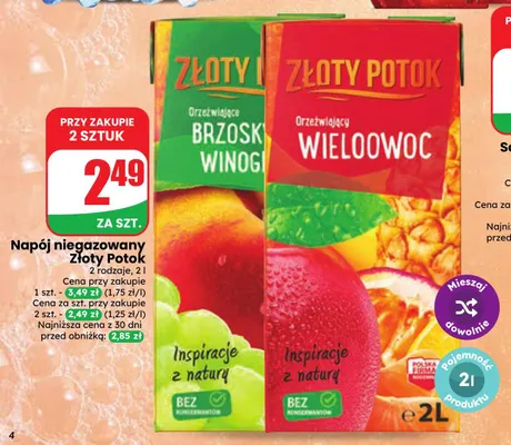 Napój niegazowany Złoty Potok wieloowoc promocja w Dino