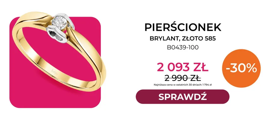 Pierścionek brylant złoto 585 B0439-100 Briju promocja w Briju