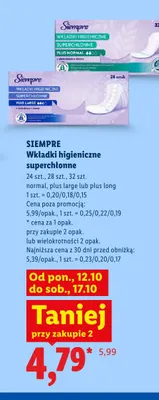 Wkładki higieniczne superchłonne plus large Siempre promocja w Lidl