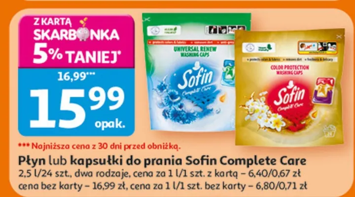 Płyn lub kapsułki do prania Sofin Complete Care promocja w Auchan