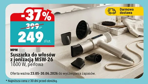 Suszarka do włosów z jonizacją MPM MSW-26 1600W perłowa promocja w Biedronka